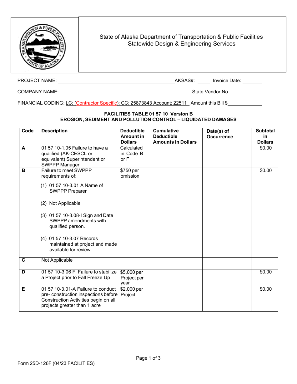 Form 25D-126F Swppp Liquidated Damages Table - Facilities - Alaska, Page 1
