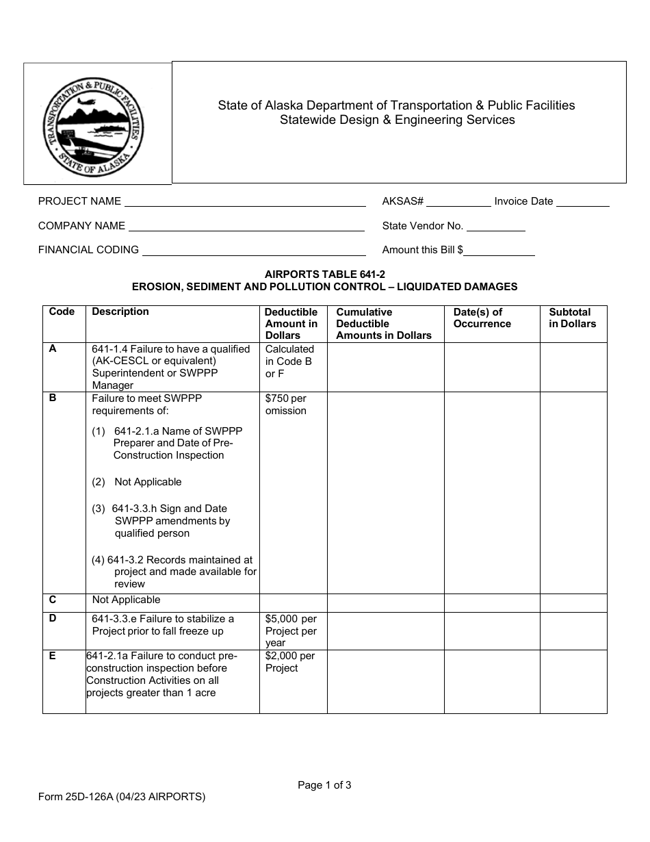 Form 25D-126A Swppp Liquidated Damages Table - Airports - Alaska, Page 1