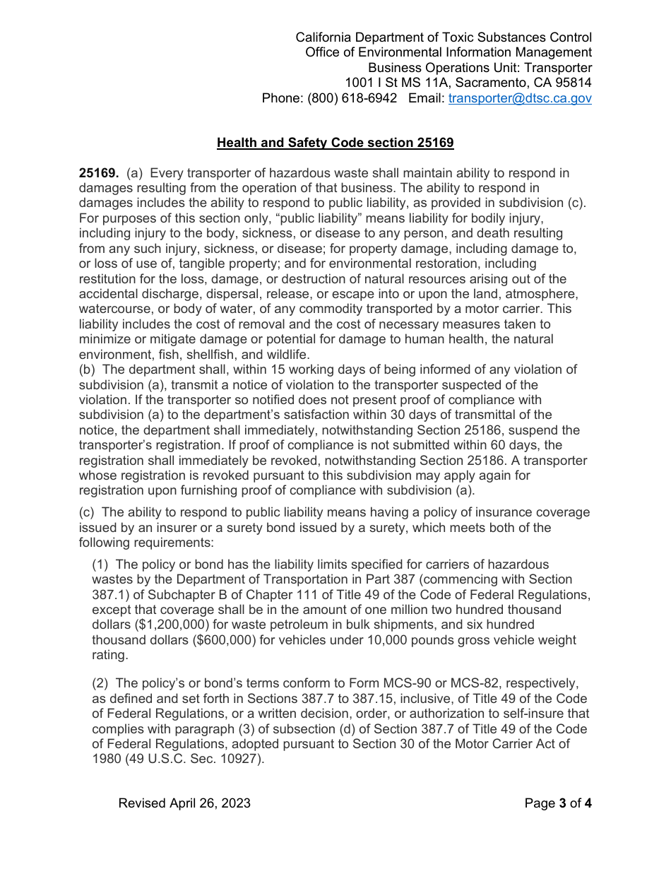 DTSC Form 8038 Certificate of Insurance for Public Liability Coverage - California, Page 3