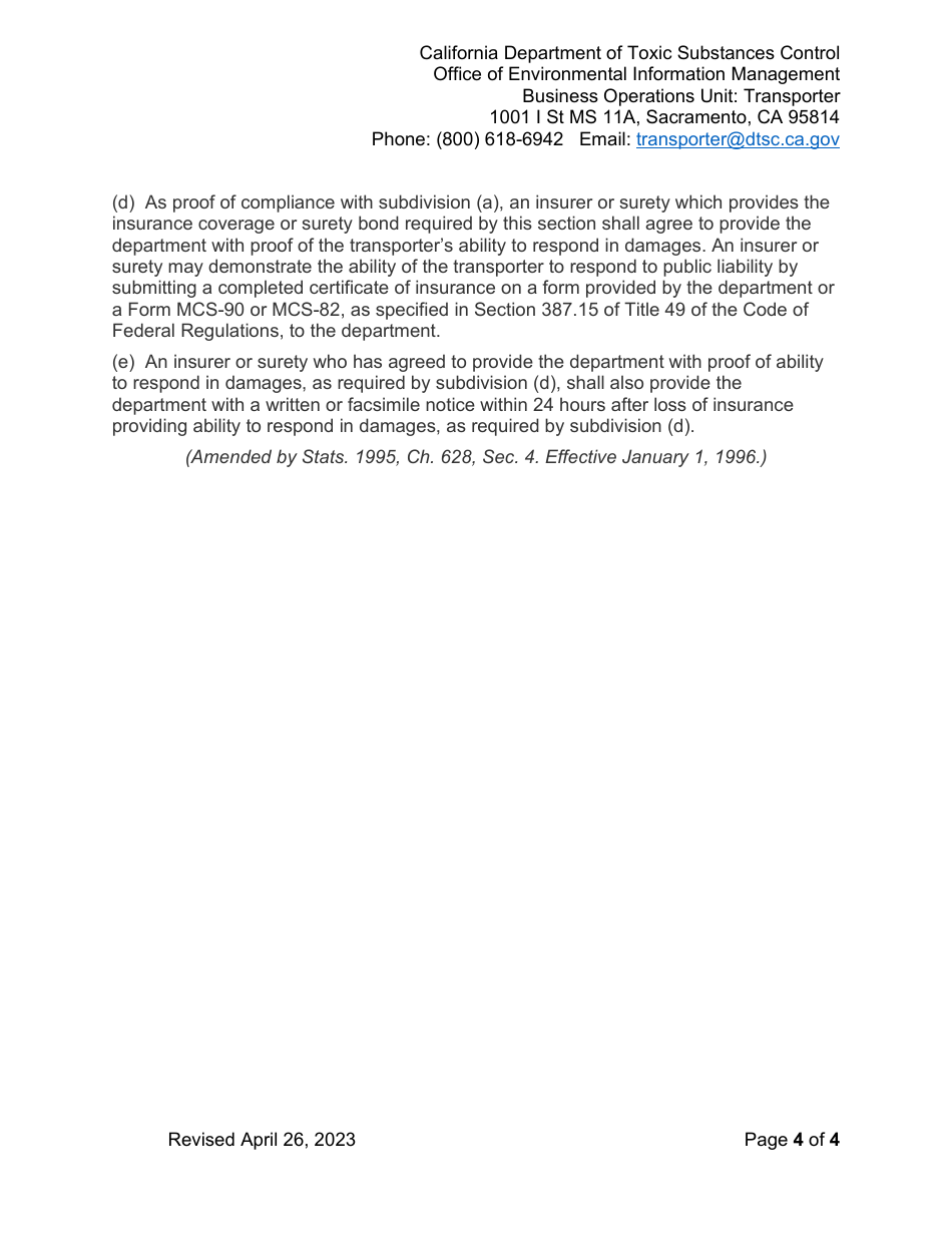 DTSC Form 8038 Certificate of Insurance for Public Liability Coverage - California, Page 4