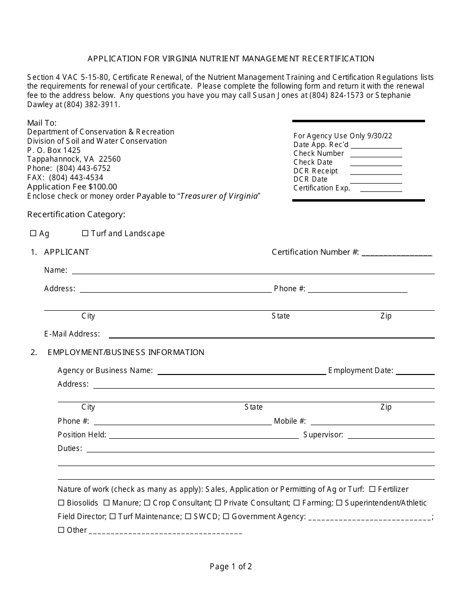 Application for Virginia Nutrient Management Recertification - Virginia, Page 1