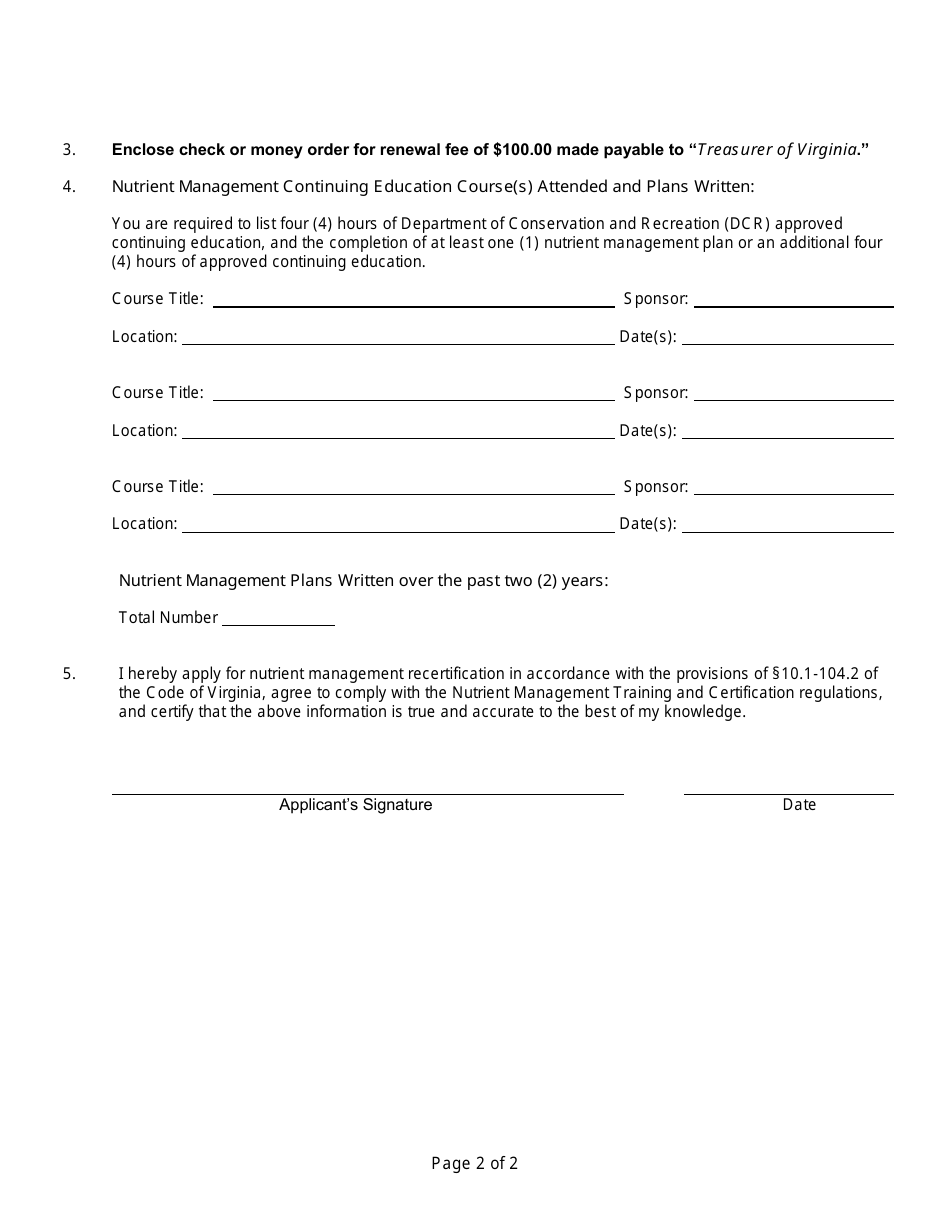 Application for Virginia Nutrient Management Recertification - Virginia, Page 2