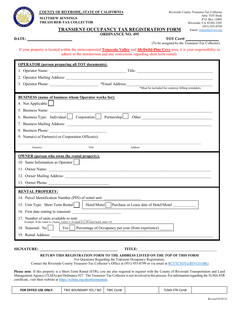 Transient Occupancy Tax Registration Form - County of Riverside, California, Page 1