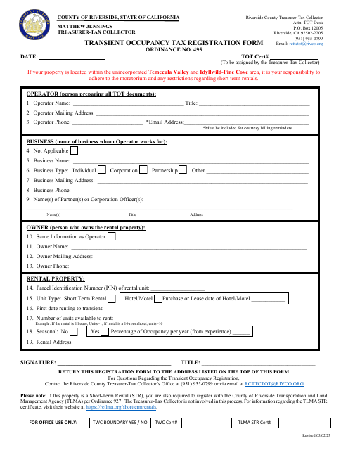 Transient Occupancy Tax Registration Form - County of Riverside, California Download Pdf