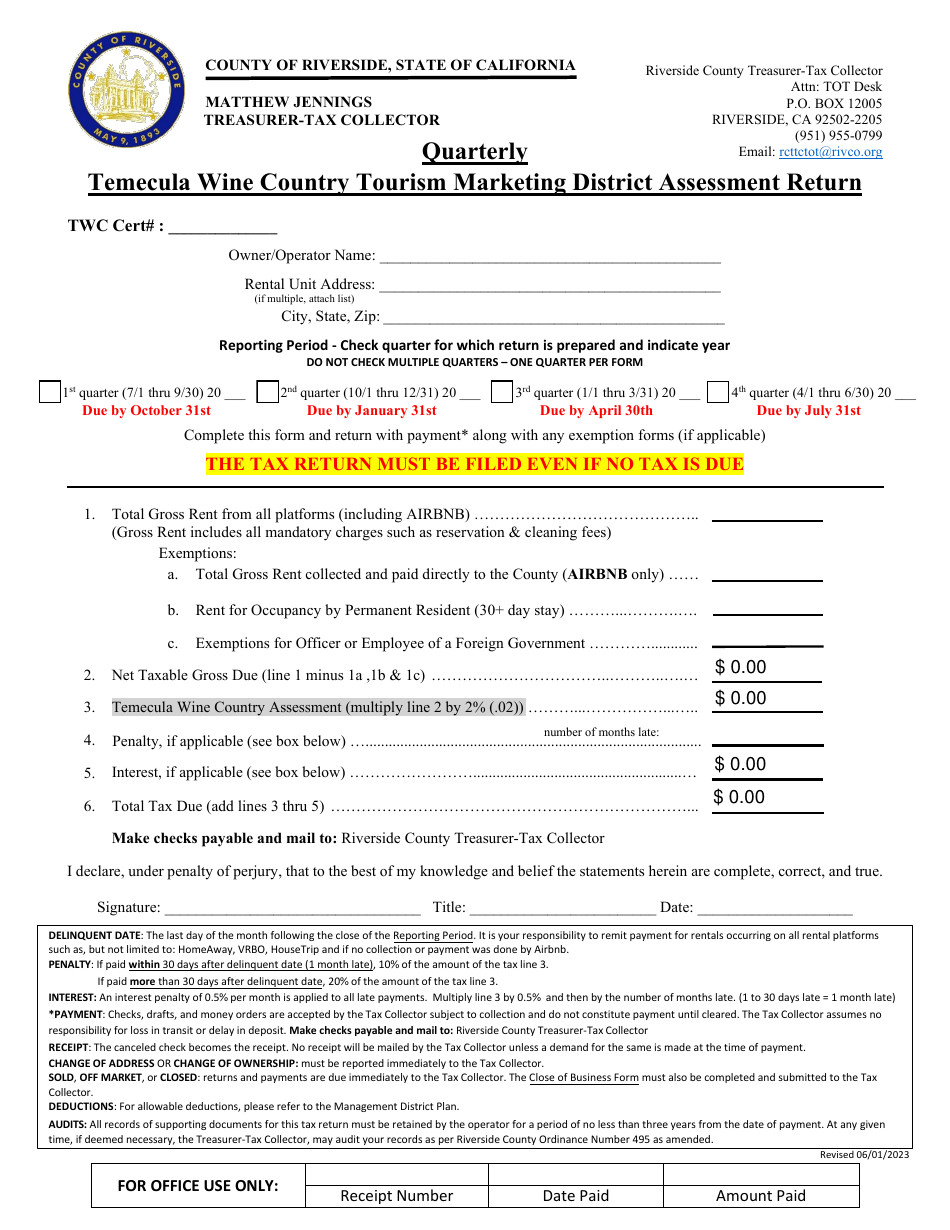 Quarterly Temecula Wine Country Tourism Marketing District Assessment Return - County of Riverside, California, Page 1
