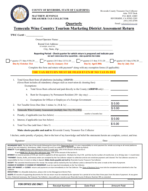 Quarterly Temecula Wine Country Tourism Marketing District Assessment Return - County of Riverside, California Download Pdf