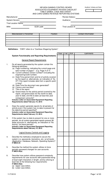 Associated Equipment Review Checklist - Table Games, Cage and Credit, and Card Games Revenue Reporting Systems - Nevada Download Pdf