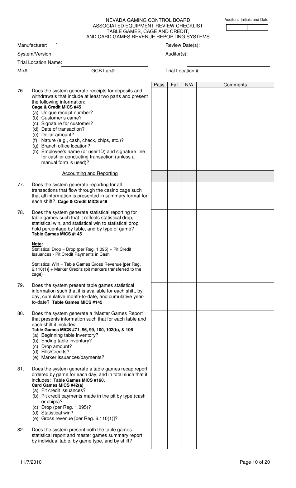 Associated Equipment Review Checklist - Table Games, Cage and Credit, and Card Games Revenue Reporting Systems - Nevada, Page 10