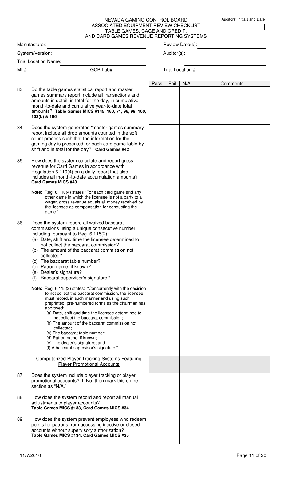 Associated Equipment Review Checklist - Table Games, Cage and Credit, and Card Games Revenue Reporting Systems - Nevada, Page 11