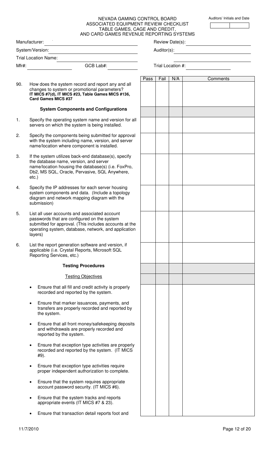 Associated Equipment Review Checklist - Table Games, Cage and Credit, and Card Games Revenue Reporting Systems - Nevada, Page 12