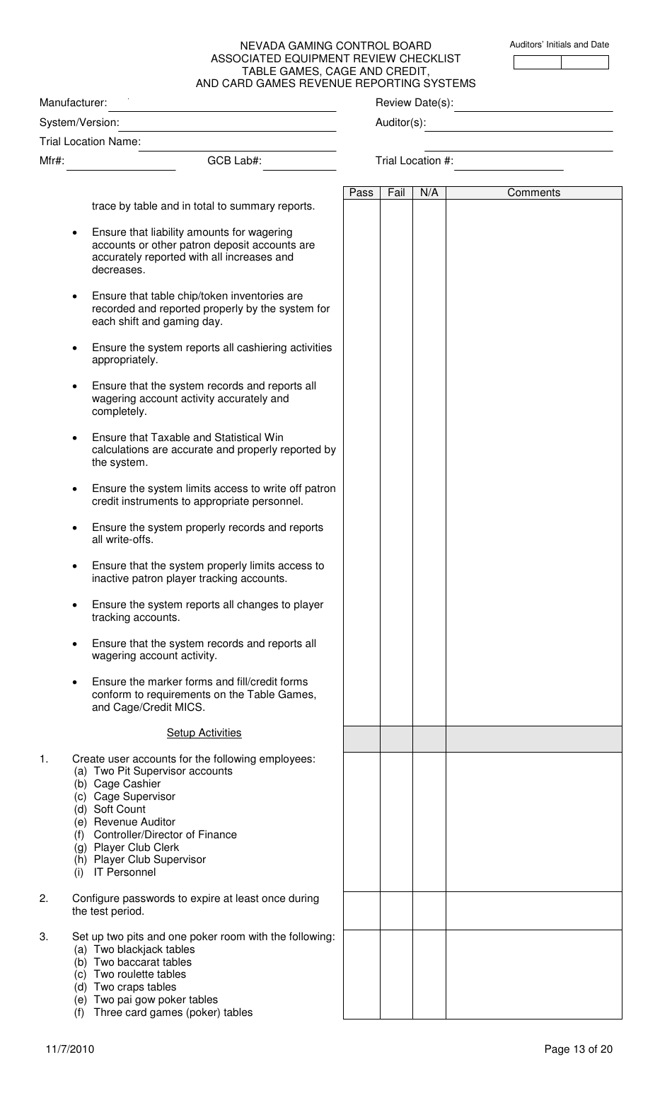 Associated Equipment Review Checklist - Table Games, Cage and Credit, and Card Games Revenue Reporting Systems - Nevada, Page 13