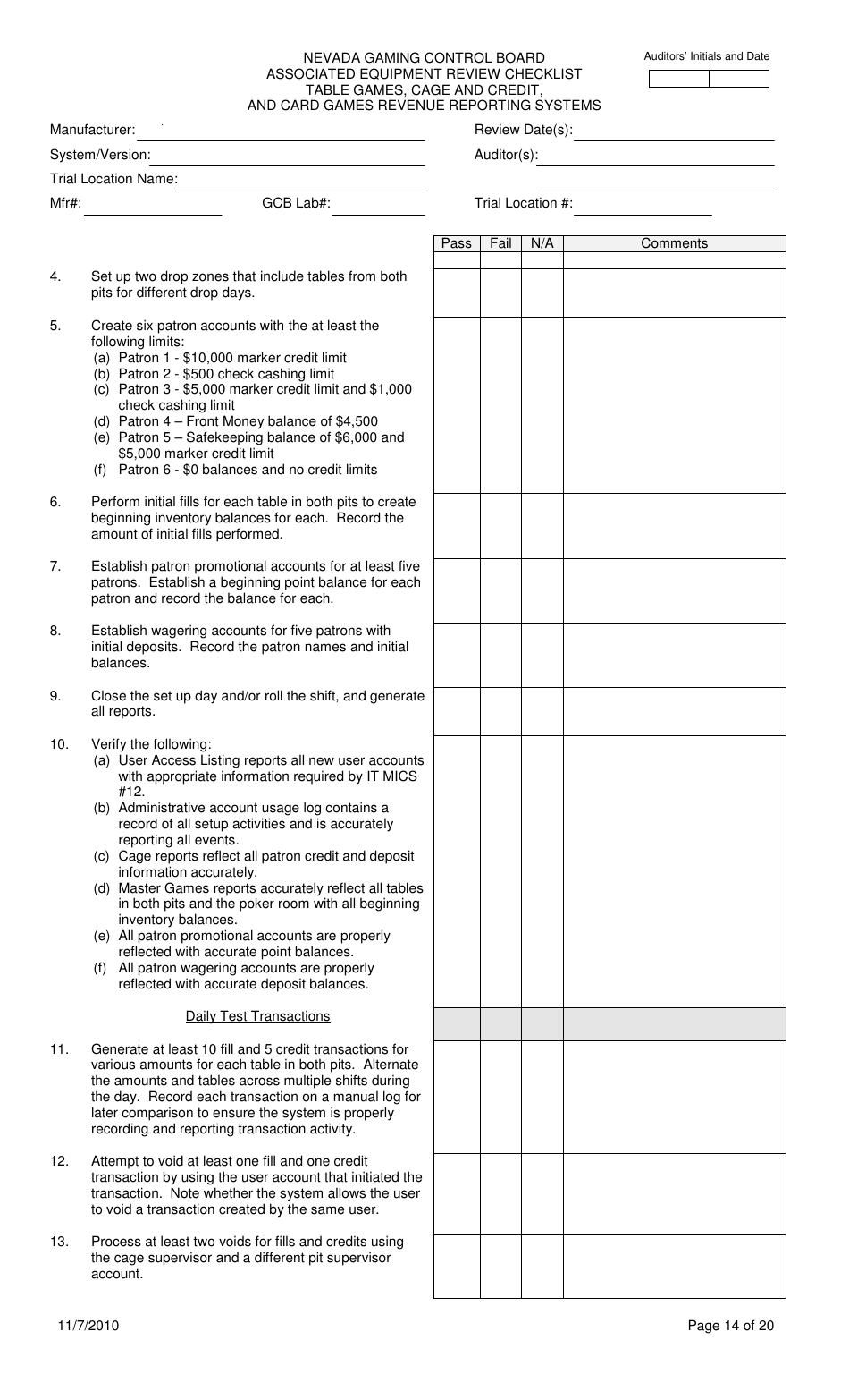 Associated Equipment Review Checklist - Table Games, Cage and Credit, and Card Games Revenue Reporting Systems - Nevada, Page 14