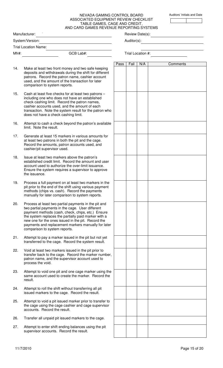 Associated Equipment Review Checklist - Table Games, Cage and Credit, and Card Games Revenue Reporting Systems - Nevada, Page 15