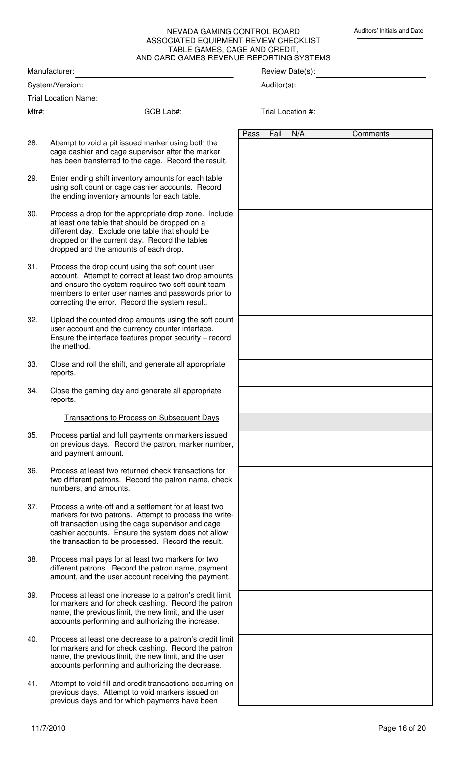 Associated Equipment Review Checklist - Table Games, Cage and Credit, and Card Games Revenue Reporting Systems - Nevada, Page 16