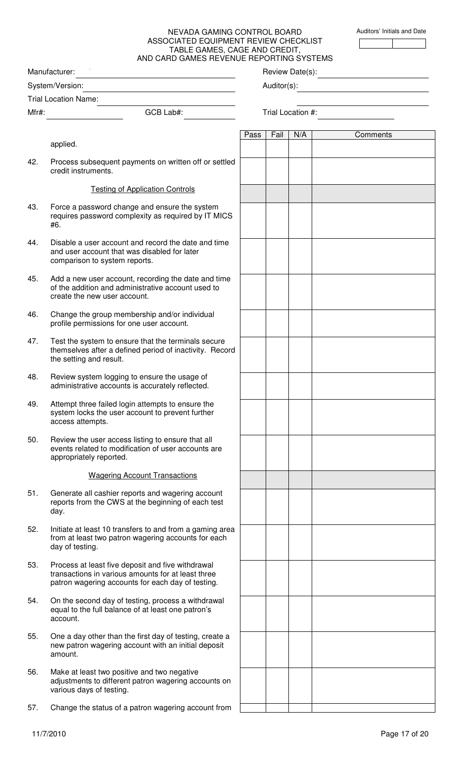 Associated Equipment Review Checklist - Table Games, Cage and Credit, and Card Games Revenue Reporting Systems - Nevada, Page 17