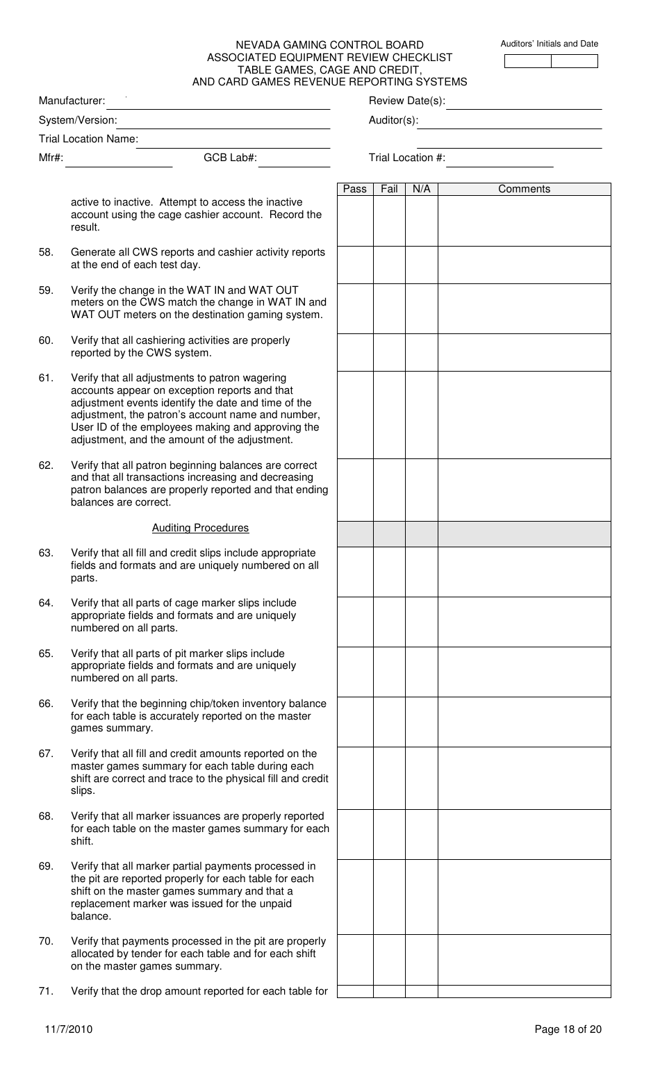 Associated Equipment Review Checklist - Table Games, Cage and Credit, and Card Games Revenue Reporting Systems - Nevada, Page 18
