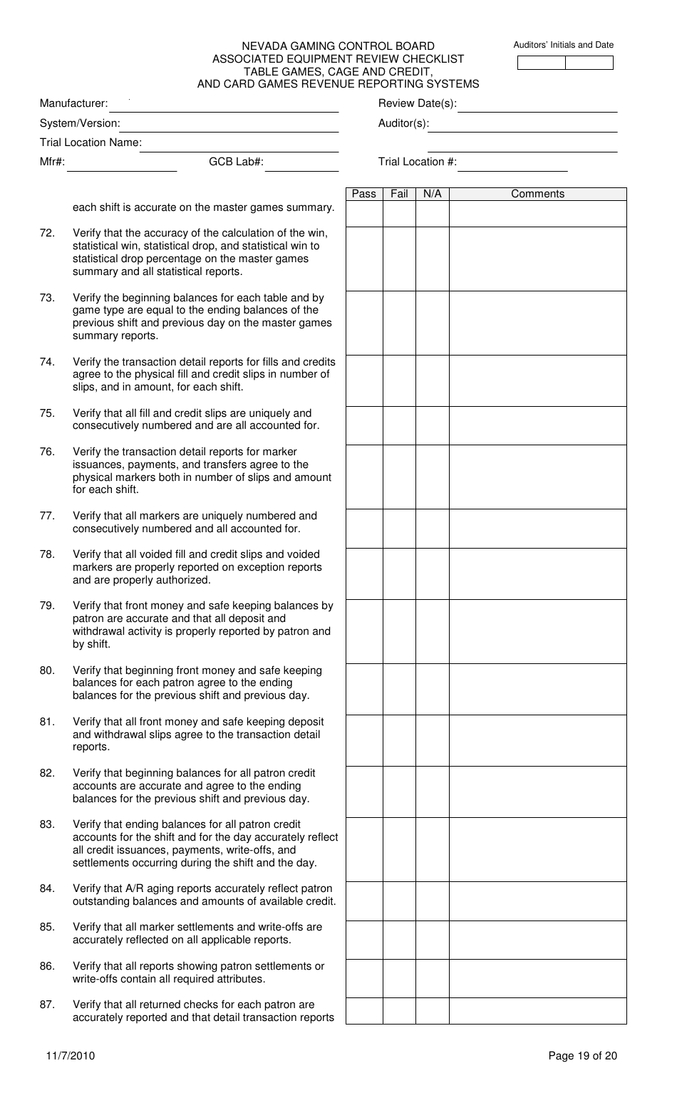 Associated Equipment Review Checklist - Table Games, Cage and Credit, and Card Games Revenue Reporting Systems - Nevada, Page 19