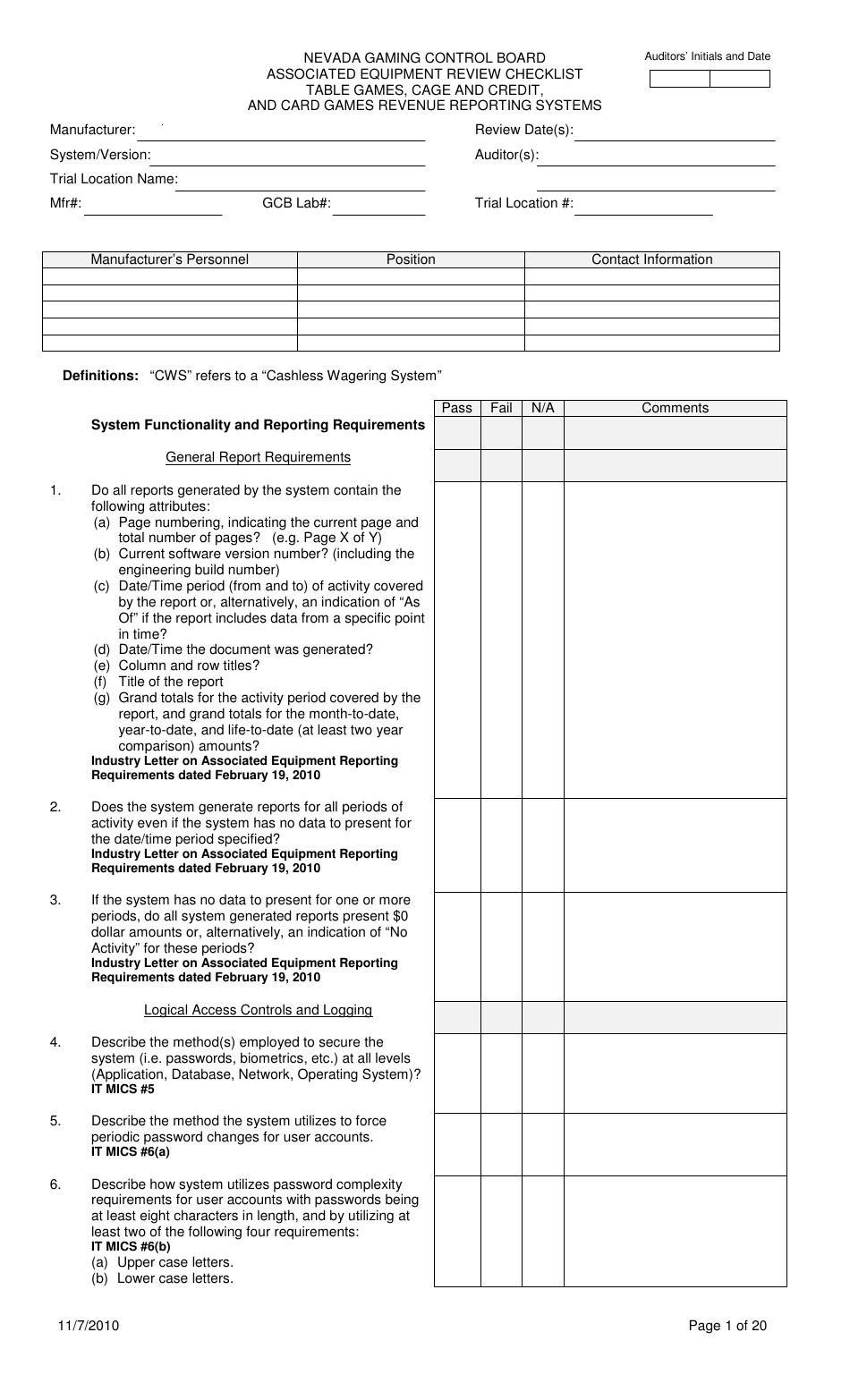 Associated Equipment Review Checklist - Table Games, Cage and Credit, and Card Games Revenue Reporting Systems - Nevada, Page 1