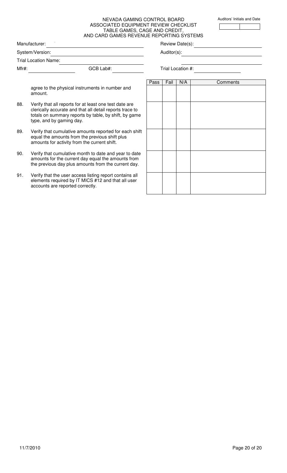 Associated Equipment Review Checklist - Table Games, Cage and Credit, and Card Games Revenue Reporting Systems - Nevada, Page 20