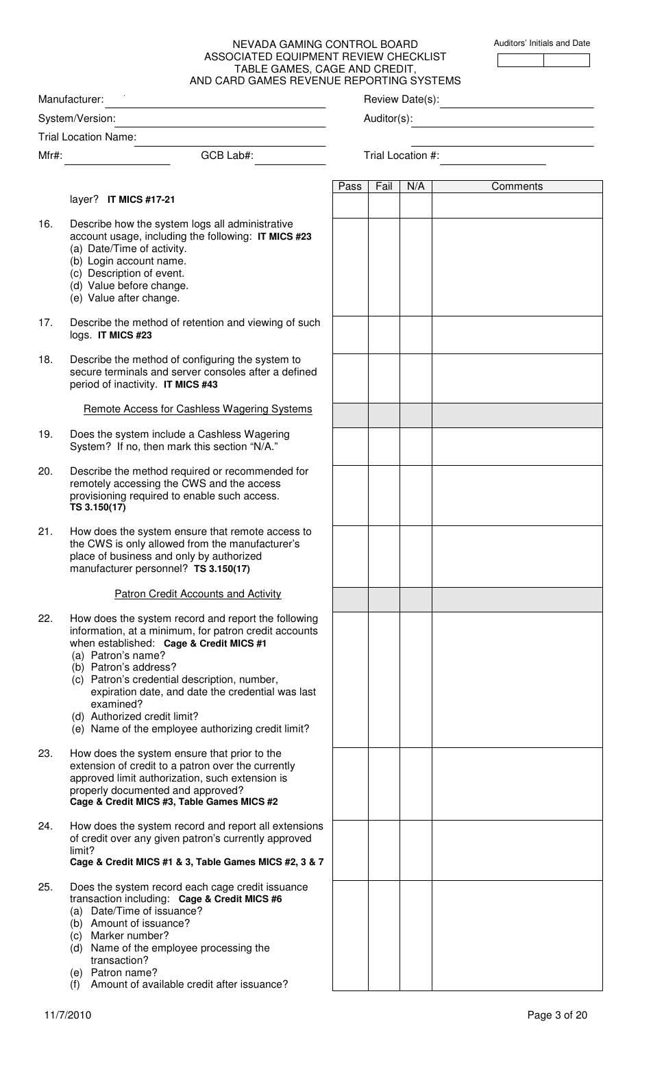 Associated Equipment Review Checklist - Table Games, Cage and Credit, and Card Games Revenue Reporting Systems - Nevada, Page 3