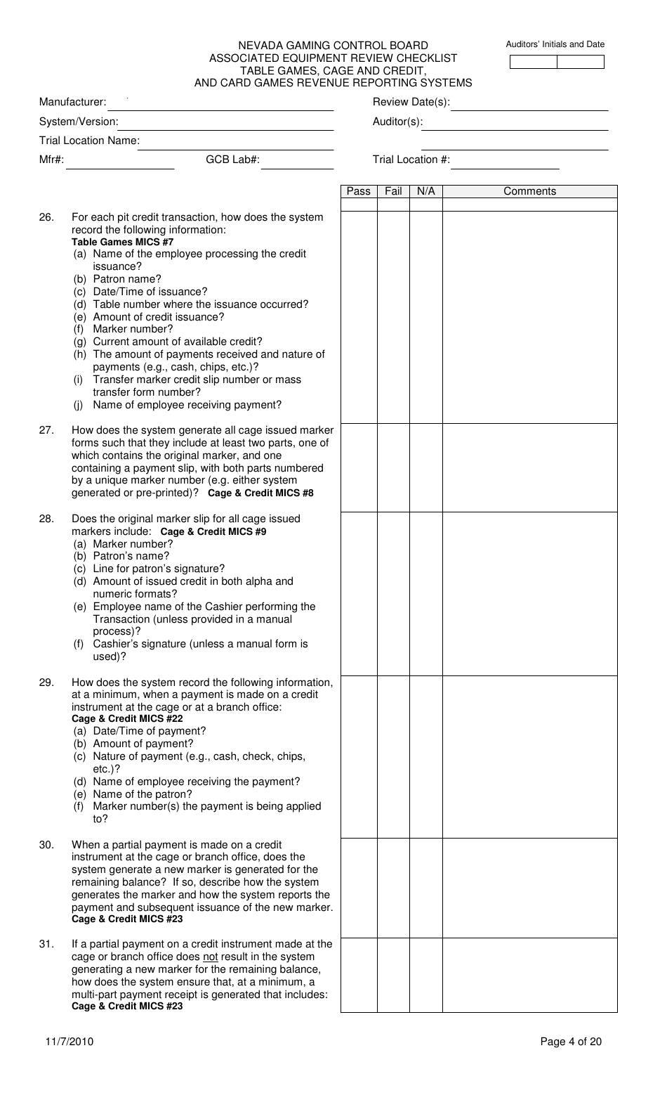 Associated Equipment Review Checklist - Table Games, Cage and Credit, and Card Games Revenue Reporting Systems - Nevada, Page 4
