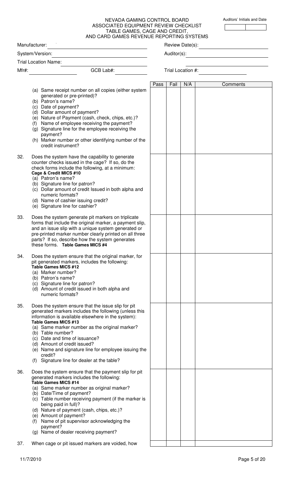 Associated Equipment Review Checklist - Table Games, Cage and Credit, and Card Games Revenue Reporting Systems - Nevada, Page 5