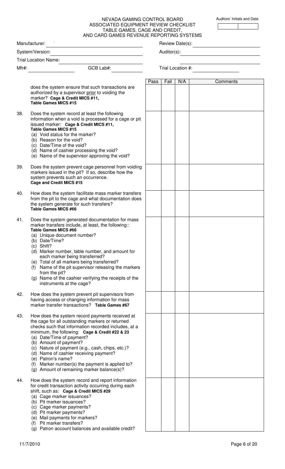 Associated Equipment Review Checklist - Table Games, Cage and Credit, and Card Games Revenue Reporting Systems - Nevada, Page 6