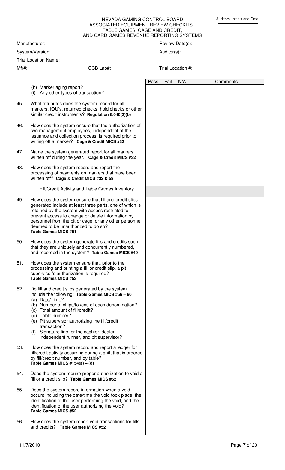Associated Equipment Review Checklist - Table Games, Cage and Credit, and Card Games Revenue Reporting Systems - Nevada, Page 7