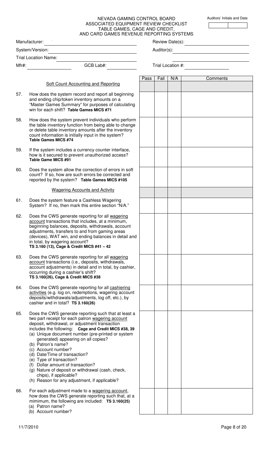 Associated Equipment Review Checklist - Table Games, Cage and Credit, and Card Games Revenue Reporting Systems - Nevada, Page 8