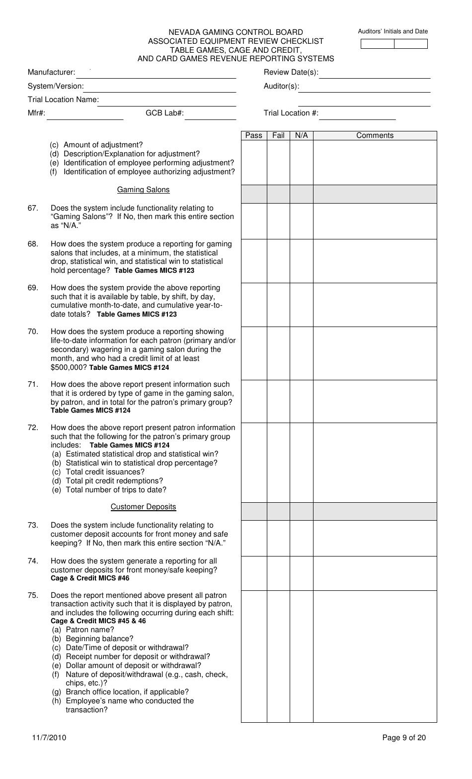 Associated Equipment Review Checklist - Table Games, Cage and Credit, and Card Games Revenue Reporting Systems - Nevada, Page 9