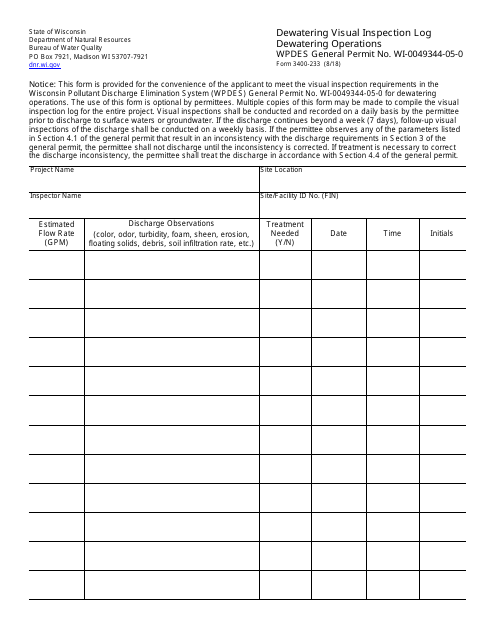 Form 3400-233 Dewatering Visual Inspection Log - Dewatering Operations - Wpdes General Permit No. Wi-0049344-05-0 - Wisconsin