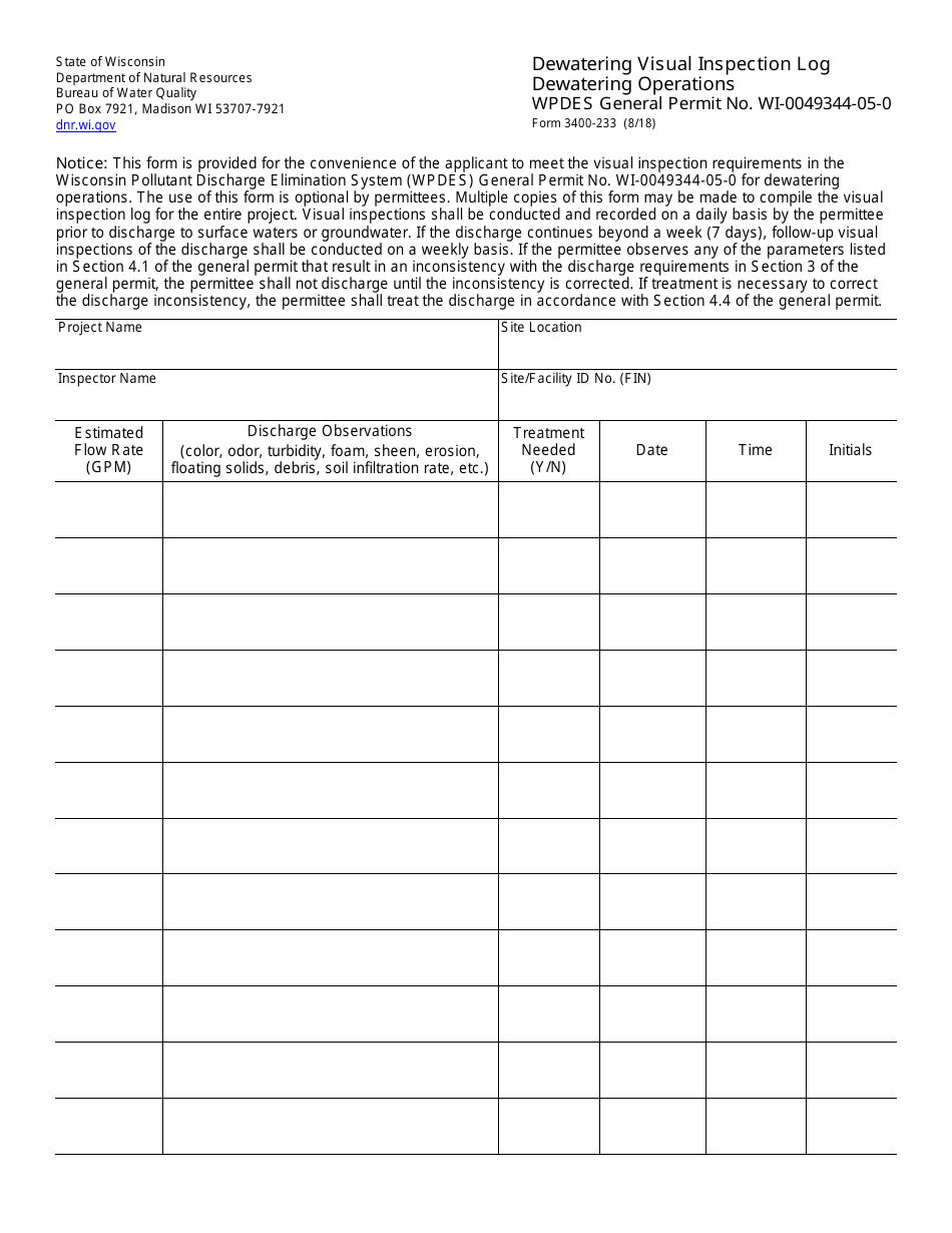 Form 3400-233 Dewatering Visual Inspection Log - Dewatering Operations - Wpdes General Permit No. Wi-0049344-05-0 - Wisconsin, Page 1