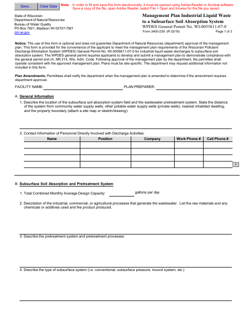 Form 3400-239 Management Plan Industrial Liquid Waste to a Subsurface Soil Absorption System - Wpdes General Permit No. Wi-0055611-07-0 - Wisconsin