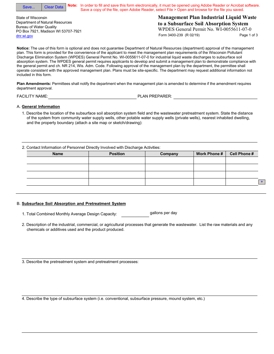 Form 3400-239 Management Plan Industrial Liquid Waste to a Subsurface Soil Absorption System - Wpdes General Permit No. Wi-0055611-07-0 - Wisconsin, Page 1