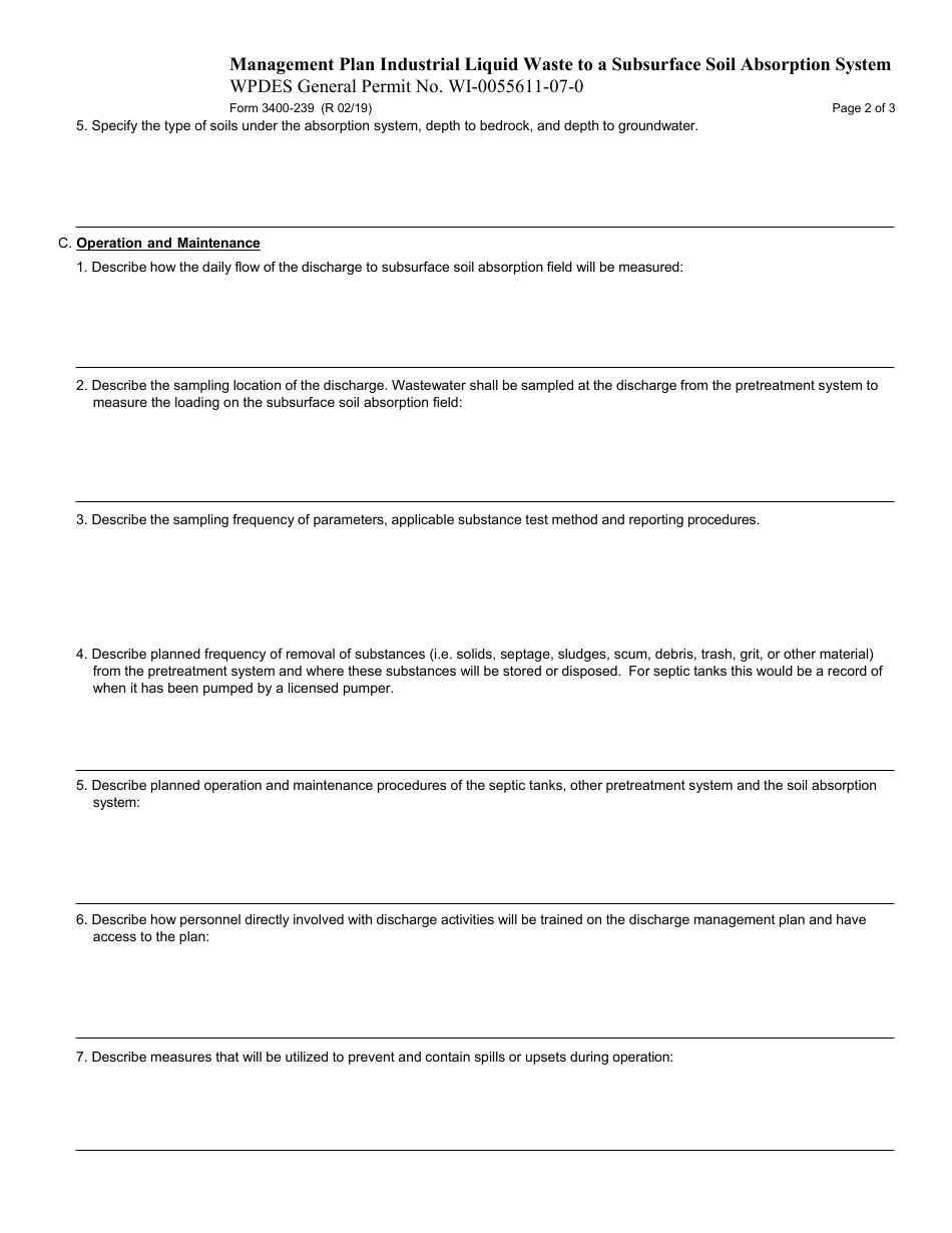 Form 3400-239 Management Plan Industrial Liquid Waste to a Subsurface Soil Absorption System - Wpdes General Permit No. Wi-0055611-07-0 - Wisconsin, Page 2