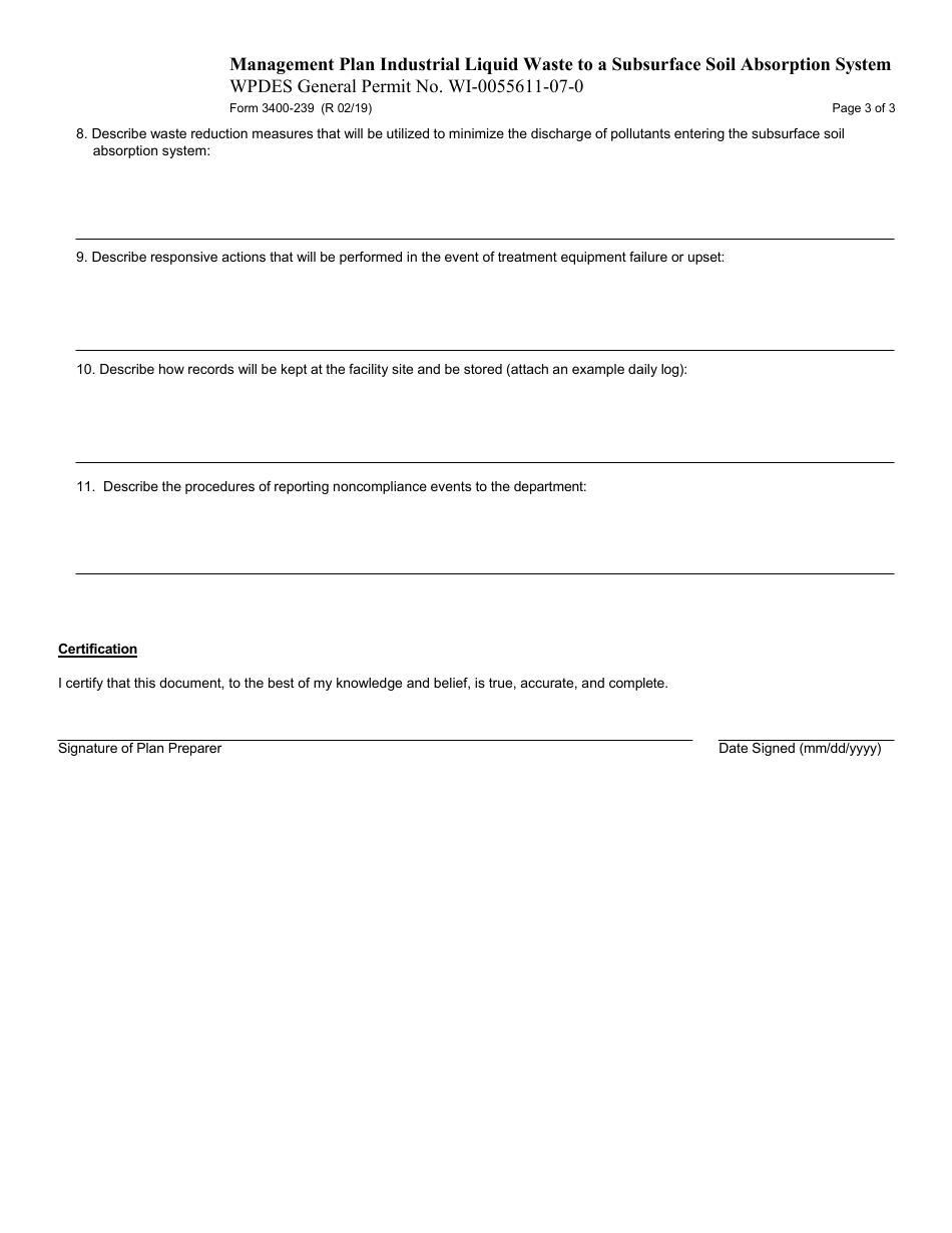 Form 3400-239 Management Plan Industrial Liquid Waste to a Subsurface Soil Absorption System - Wpdes General Permit No. Wi-0055611-07-0 - Wisconsin, Page 3