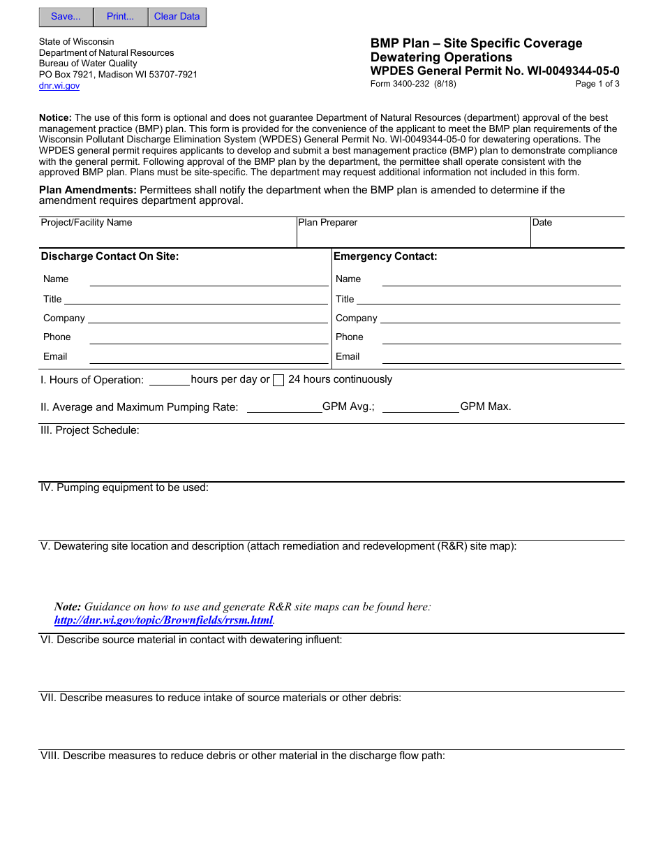 Form 3400-232 Bmp Plan - Site Specific Coverage - Dewatering Operations - Wpdes General Permit No. Wi-0049344-05-0 - Wisconsin, Page 1