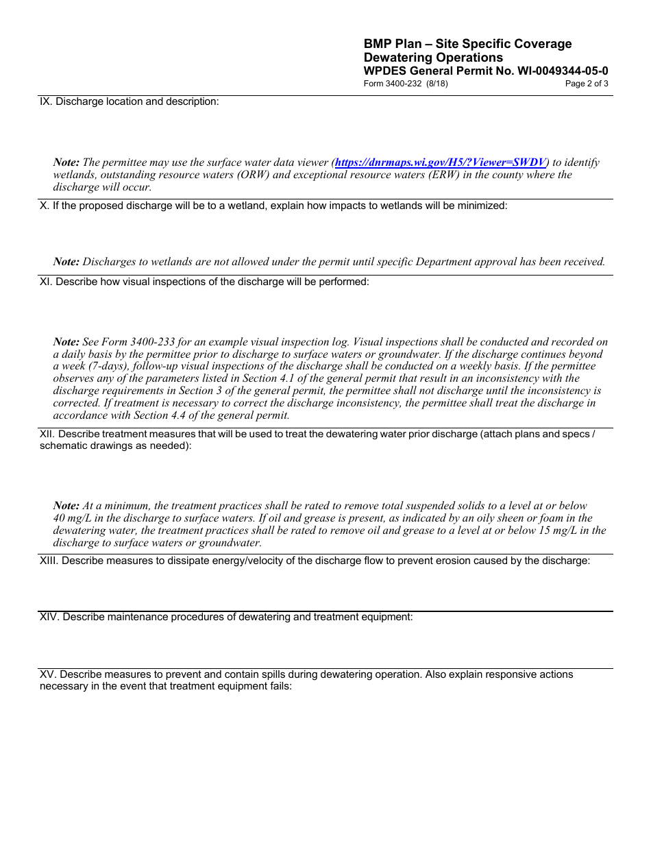 Form 3400-232 Bmp Plan - Site Specific Coverage - Dewatering Operations - Wpdes General Permit No. Wi-0049344-05-0 - Wisconsin, Page 2