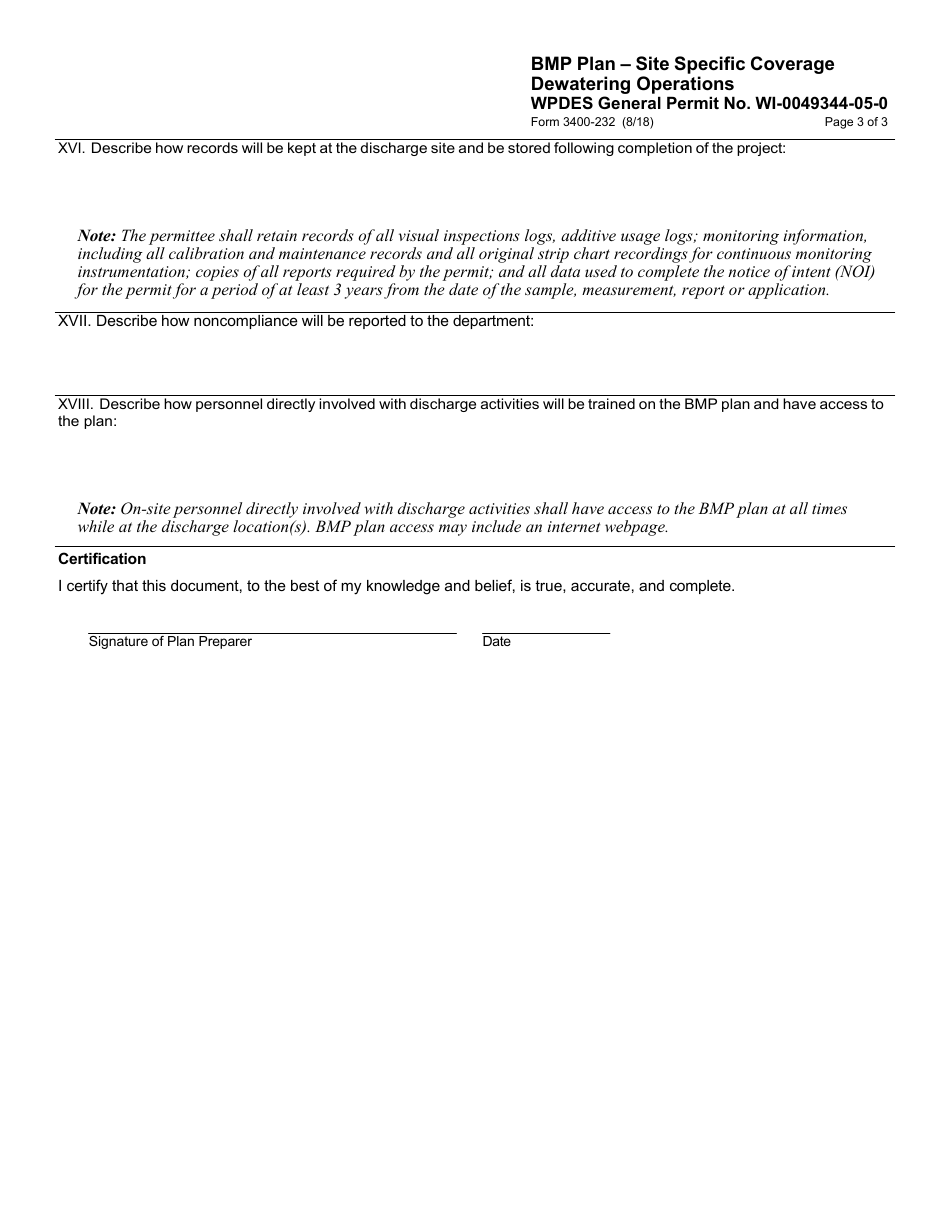 Form 3400-232 Bmp Plan - Site Specific Coverage - Dewatering Operations - Wpdes General Permit No. Wi-0049344-05-0 - Wisconsin, Page 3