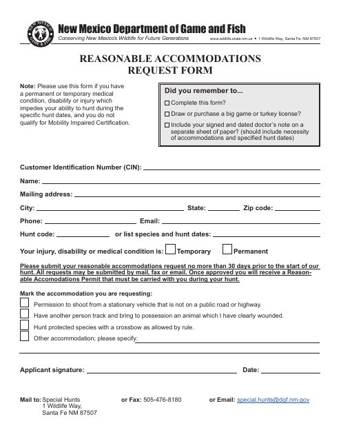 Reasonable Accommodations Request Form - New Mexico Download Pdf