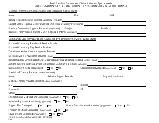 Document preview: Form 738-01-DD Attachment 3 Ddsn Regional Center Individual Transition Checklist - South Carolina