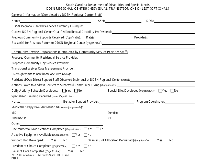 Form 738-01-DD Attachment 3 Ddsn Regional Center Individual Transition Checklist - South Carolina