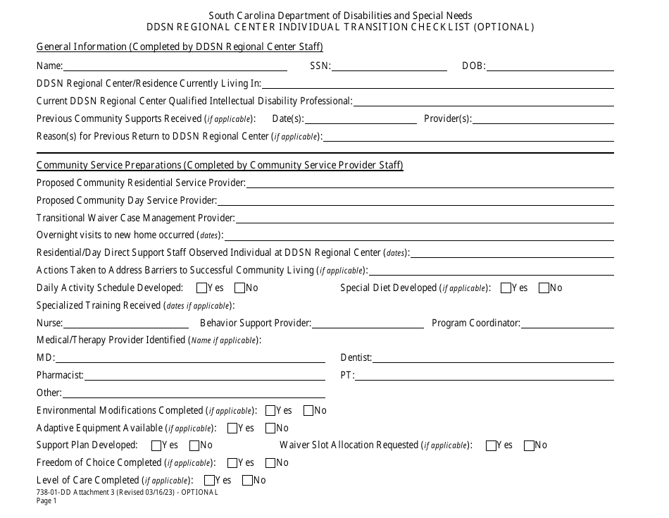 Form 738-01-DD Attachment 3 Ddsn Regional Center Individual Transition Checklist - South Carolina, Page 1