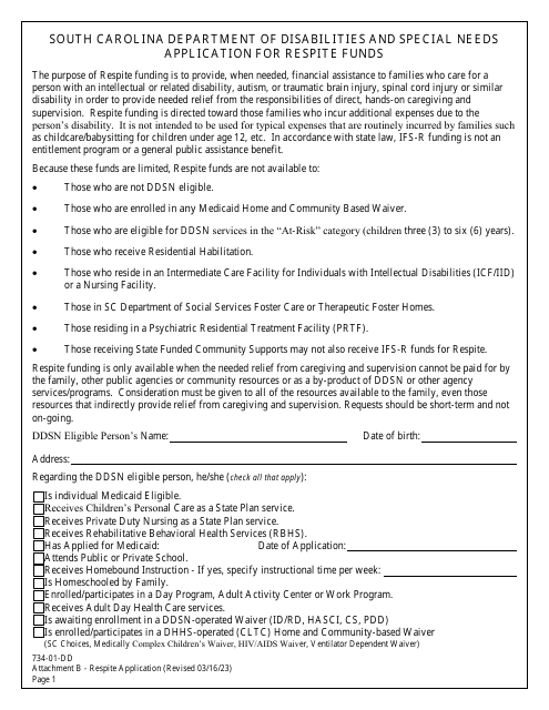 Form 734-01-DD Attachment B Application for Respite Funds - South Carolina