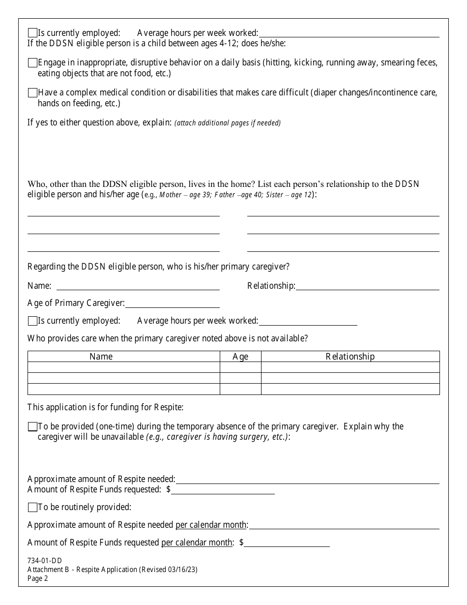 Form 734-01-DD Attachment B Application for Respite Funds - South Carolina, Page 2