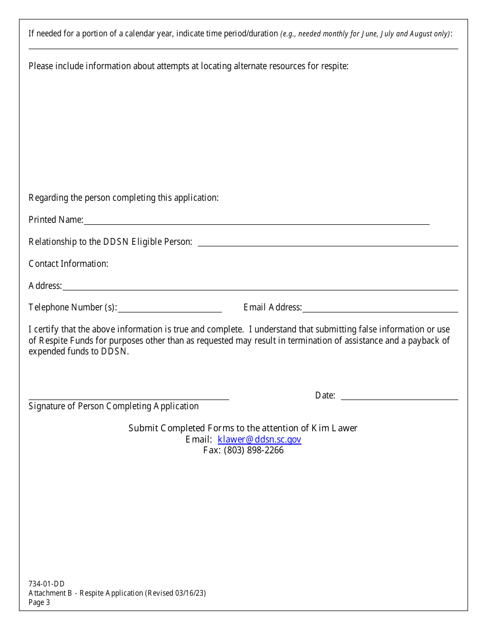 Form 734-01-DD Attachment B Application for Respite Funds - South Carolina, Page 3