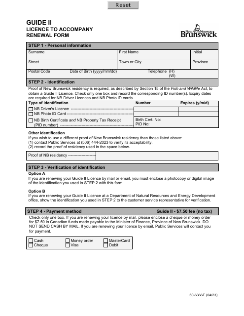 Form 60-6366E Guide II - Licence to Accompany Renewal Form - New Brunswick, Canada