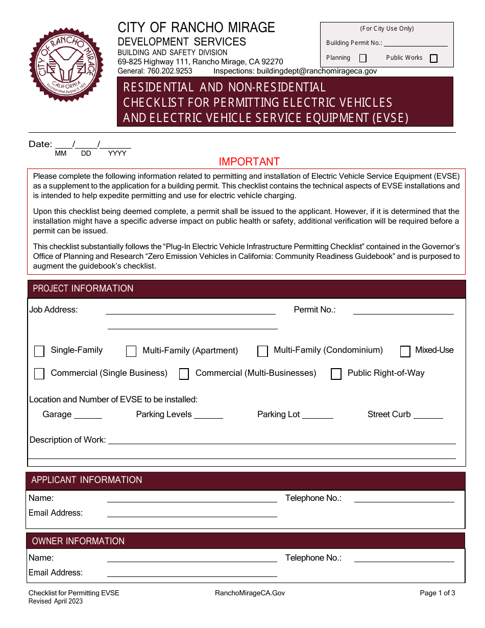 Residential and Non-residential Checklist for Permitting Electric Vehicles and Electric Vehicle Service Equipment (Evse) - City of Rancho Mirage, California, Page 1