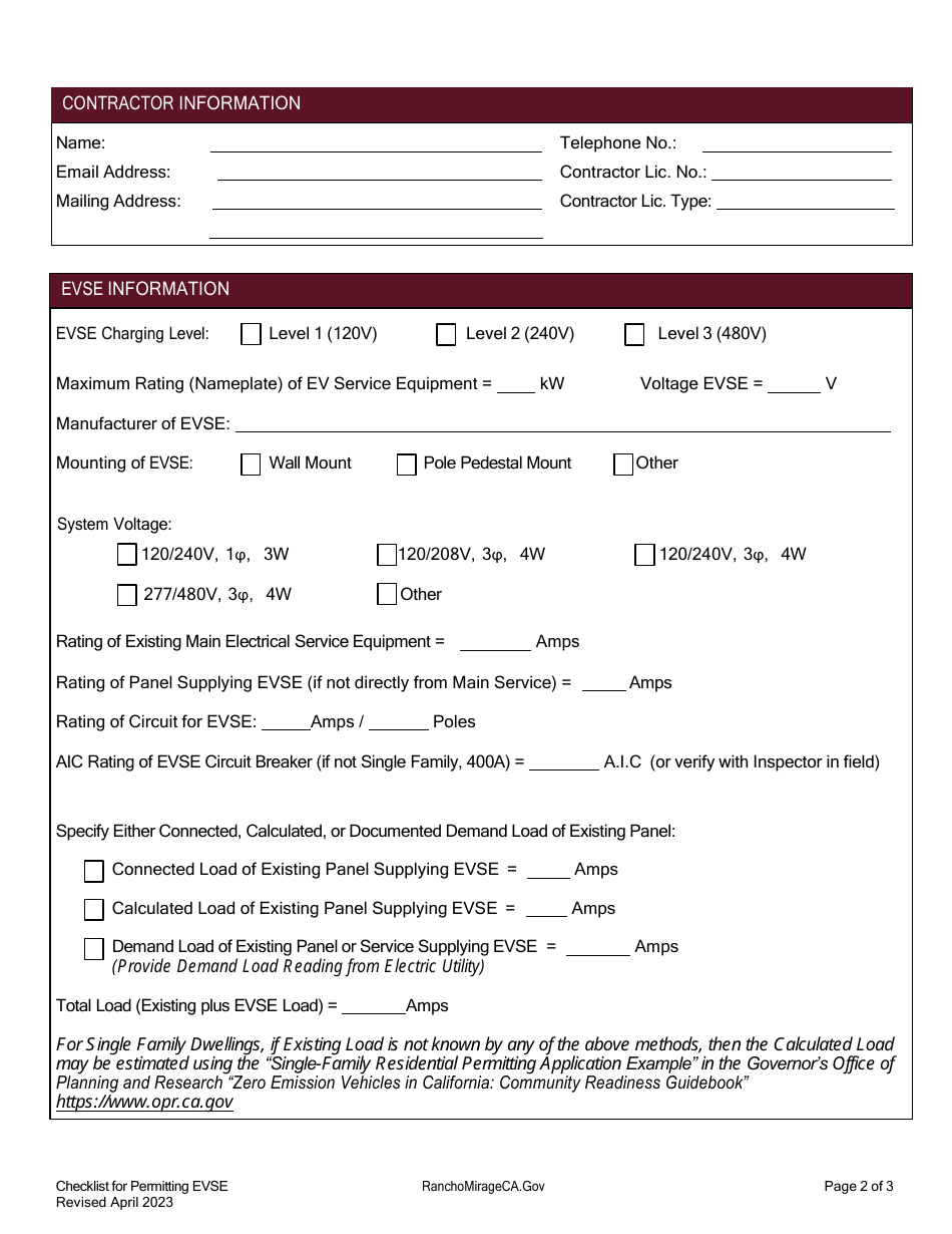 Residential and Non-residential Checklist for Permitting Electric Vehicles and Electric Vehicle Service Equipment (Evse) - City of Rancho Mirage, California, Page 2
