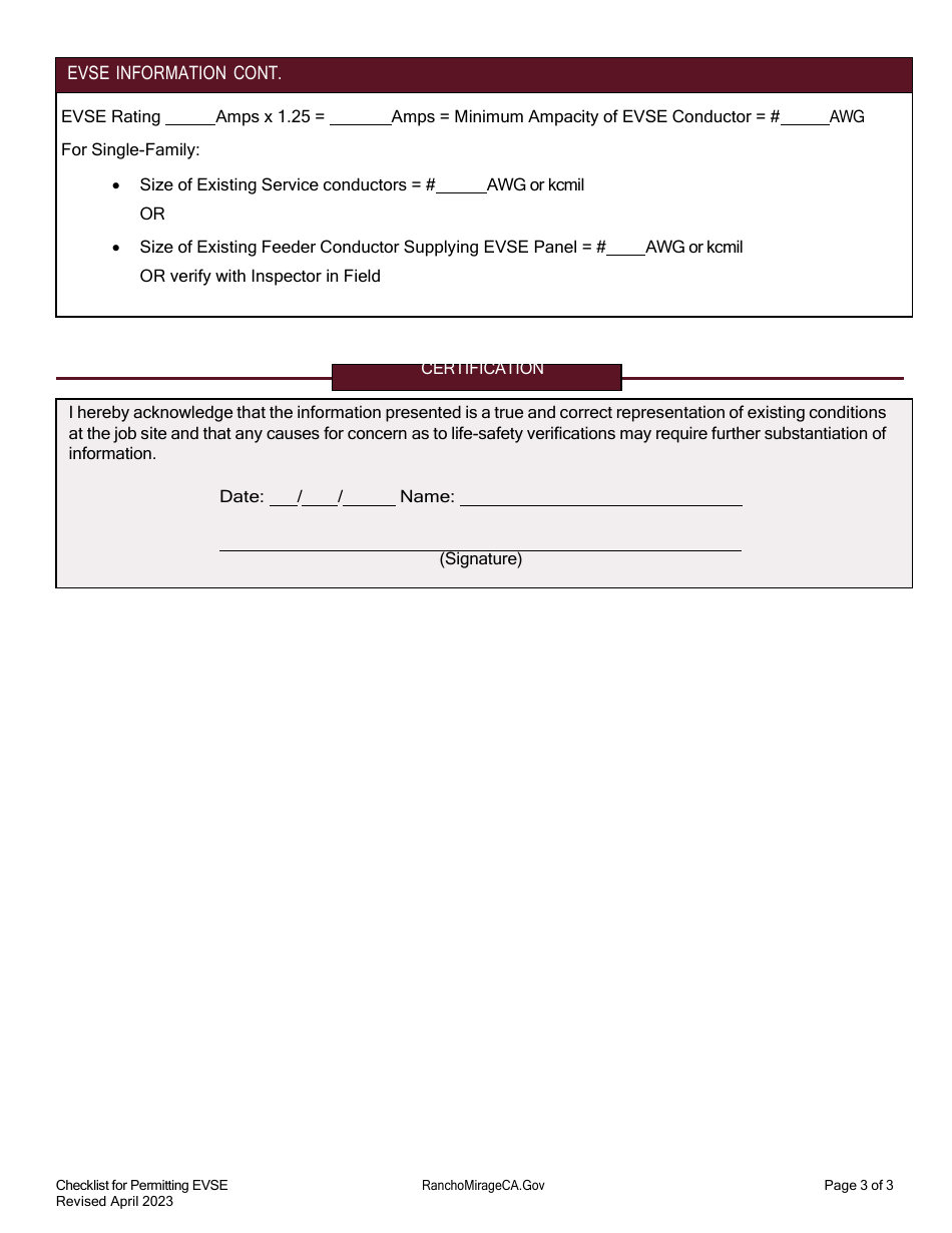 Residential and Non-residential Checklist for Permitting Electric Vehicles and Electric Vehicle Service Equipment (Evse) - City of Rancho Mirage, California, Page 3